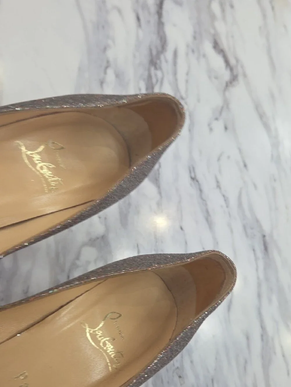 Christian Louboutin Glitter Pointed-Toe Stilettos in Rose Gold and Gold Trim